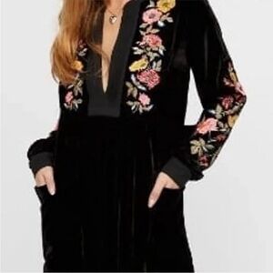 Free People Black Mini Dress with Floral Embroidery